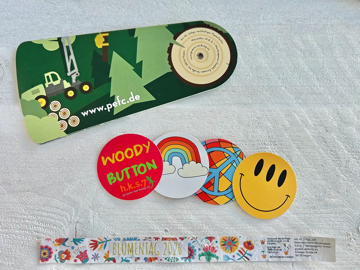 Papierfächer, Woody Button und Samenpapier Aktionsbändchen